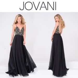 Jovani Black Chiffon Jeweled Lace Bodice Prom Gown